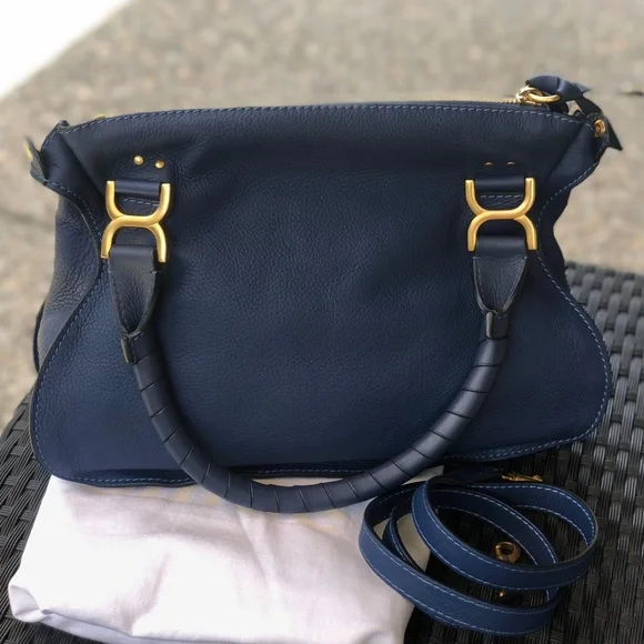 Chloe Marci Medium Navy Leather Satchel with Gold Hardware - Picture 6 of 8